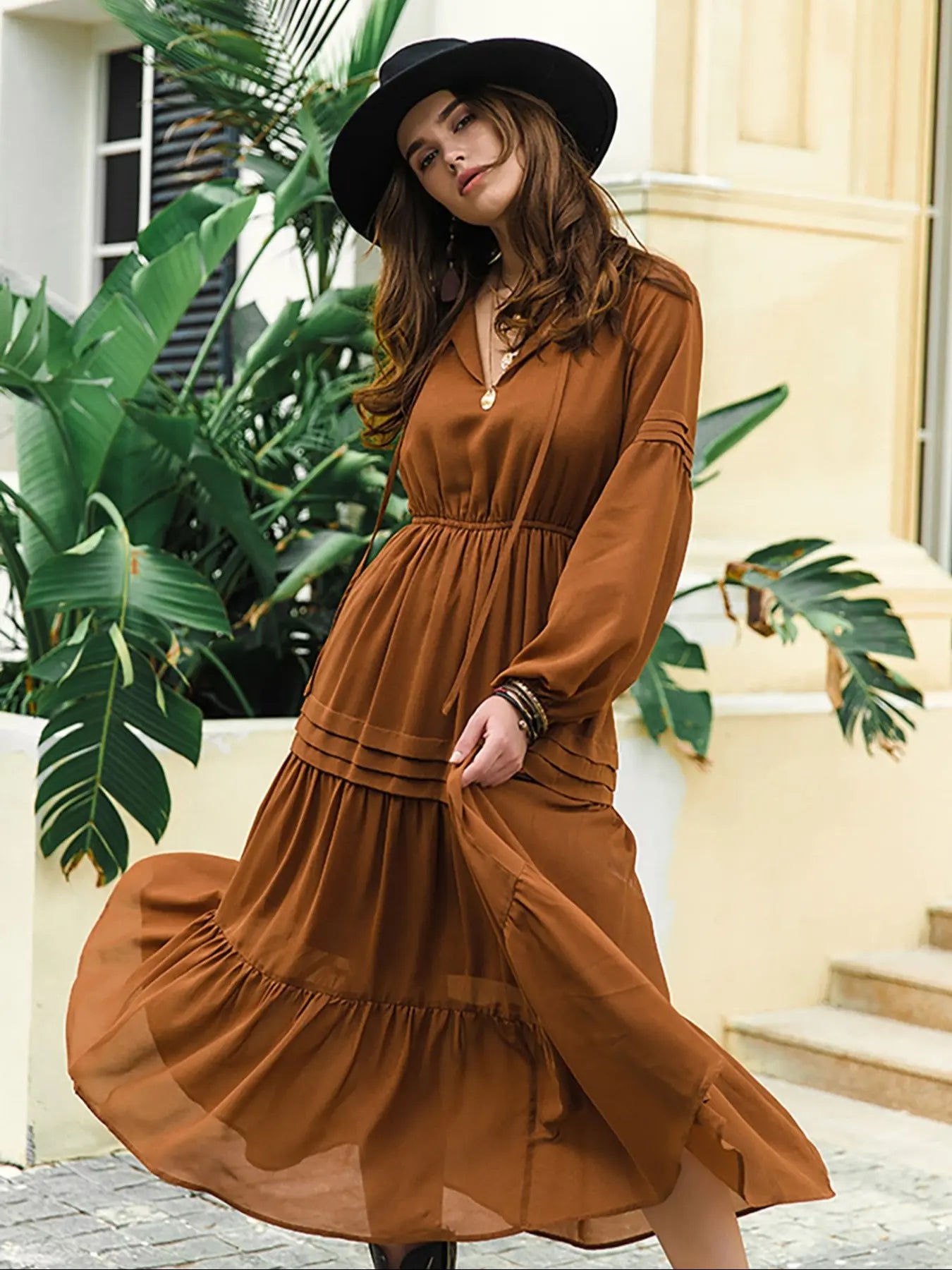 Women'S Lantern-Sleeve Ruffle A-Line Maxi Dress, Plain Woven Fabric, Spring and Summer Casual Long Dress for Outdoor Holidays, Casual Wear