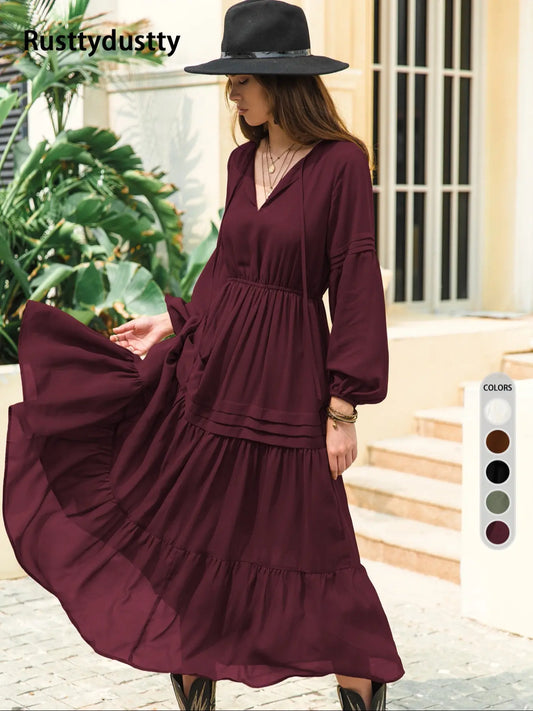 Women'S Lantern-Sleeve Ruffle A-Line Maxi Dress, Plain Woven Fabric, Spring and Summer Casual Long Dress for Outdoor Holidays, Casual Wear