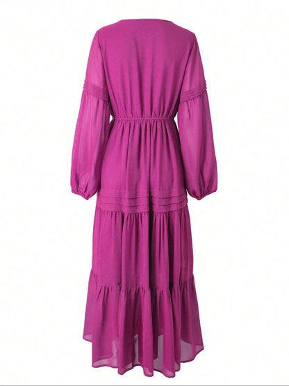 Women'S Lantern-Sleeve Ruffle A-Line Maxi Dress, Plain Woven Fabric, Spring and Summer Casual Long Dress for Outdoor Holidays, Casual Wear