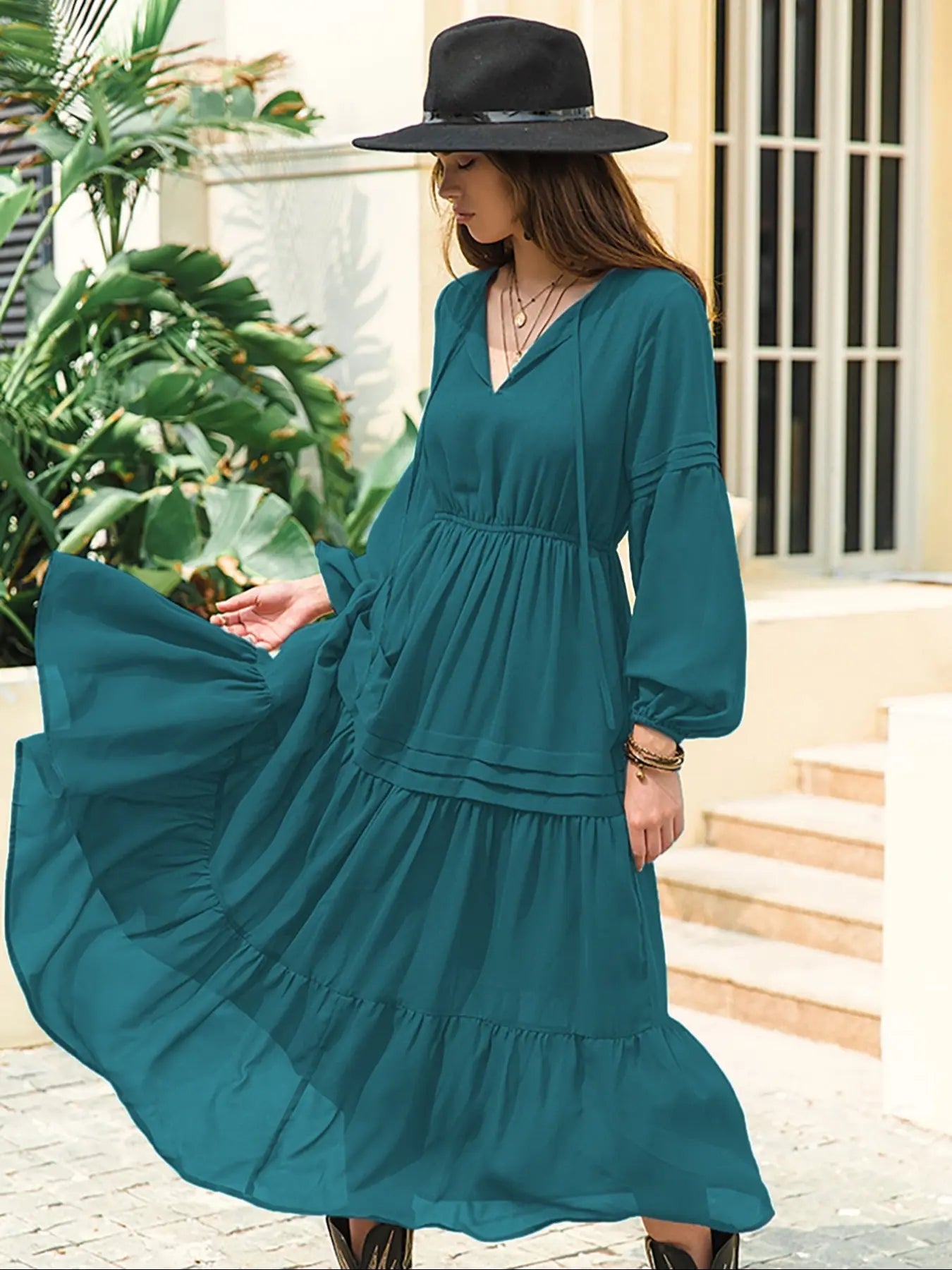 Women'S Lantern-Sleeve Ruffle A-Line Maxi Dress, Plain Woven Fabric, Spring and Summer Casual Long Dress for Outdoor Holidays, Casual Wear