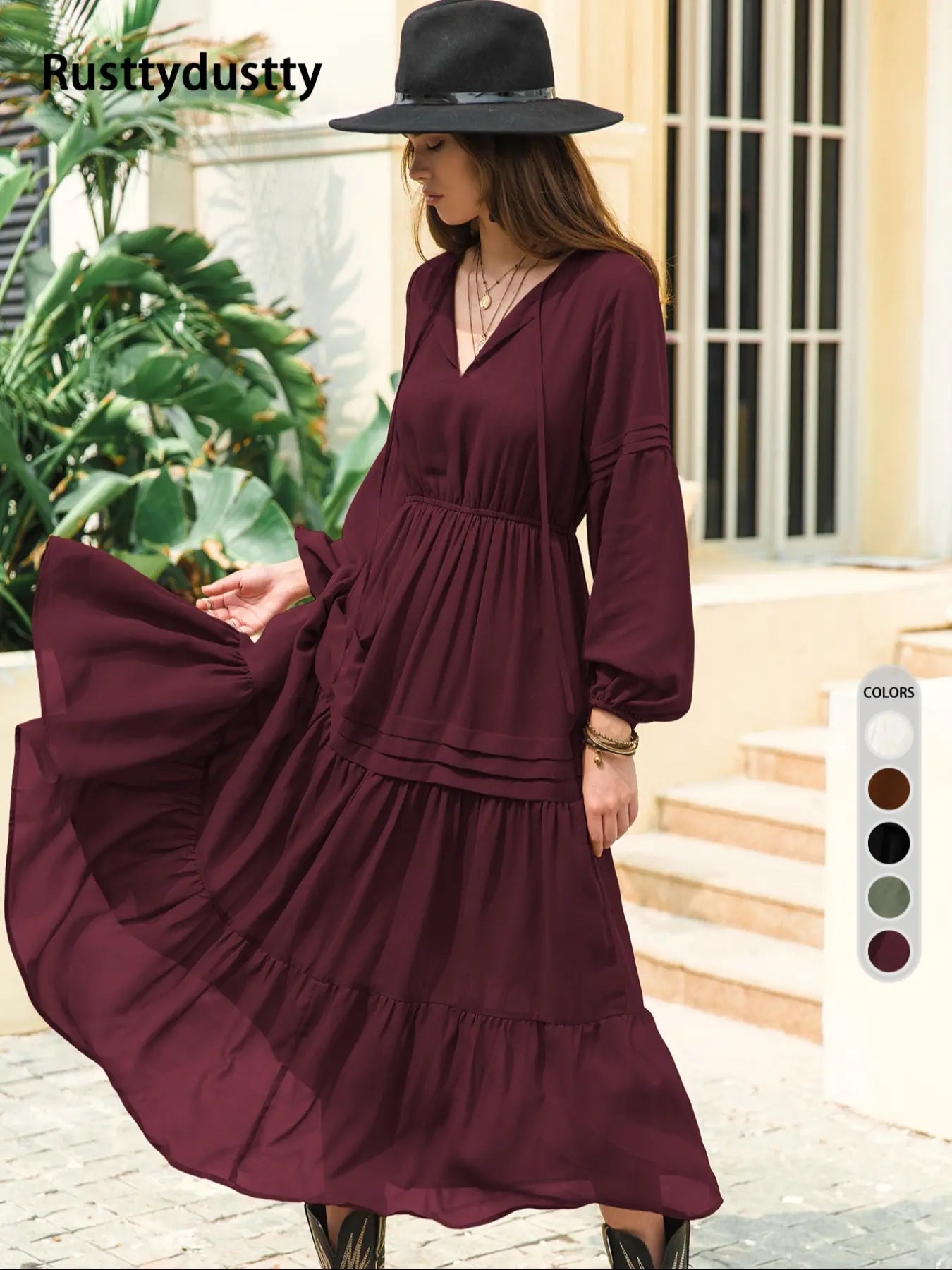 Women'S Lantern-Sleeve Ruffle A-Line Maxi Dress, Plain Woven Fabric, Spring and Summer Casual Long Dress for Outdoor Holidays, Casual Wear