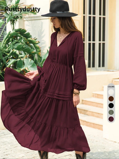 Women'S Lantern-Sleeve Ruffle A-Line Maxi Dress, Plain Woven Fabric, Spring and Summer Casual Long Dress for Outdoor Holidays, Casual Wear