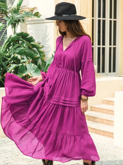 Women'S Lantern-Sleeve Ruffle A-Line Maxi Dress, Plain Woven Fabric, Spring and Summer Casual Long Dress for Outdoor Holidays, Casual Wear